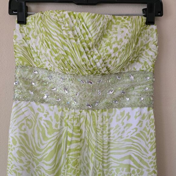 CAMILLE LA VIE Womens Maxi Dress Animal Print Lime Green 100% Silk Size 2 Glam - Picture 6 of 11